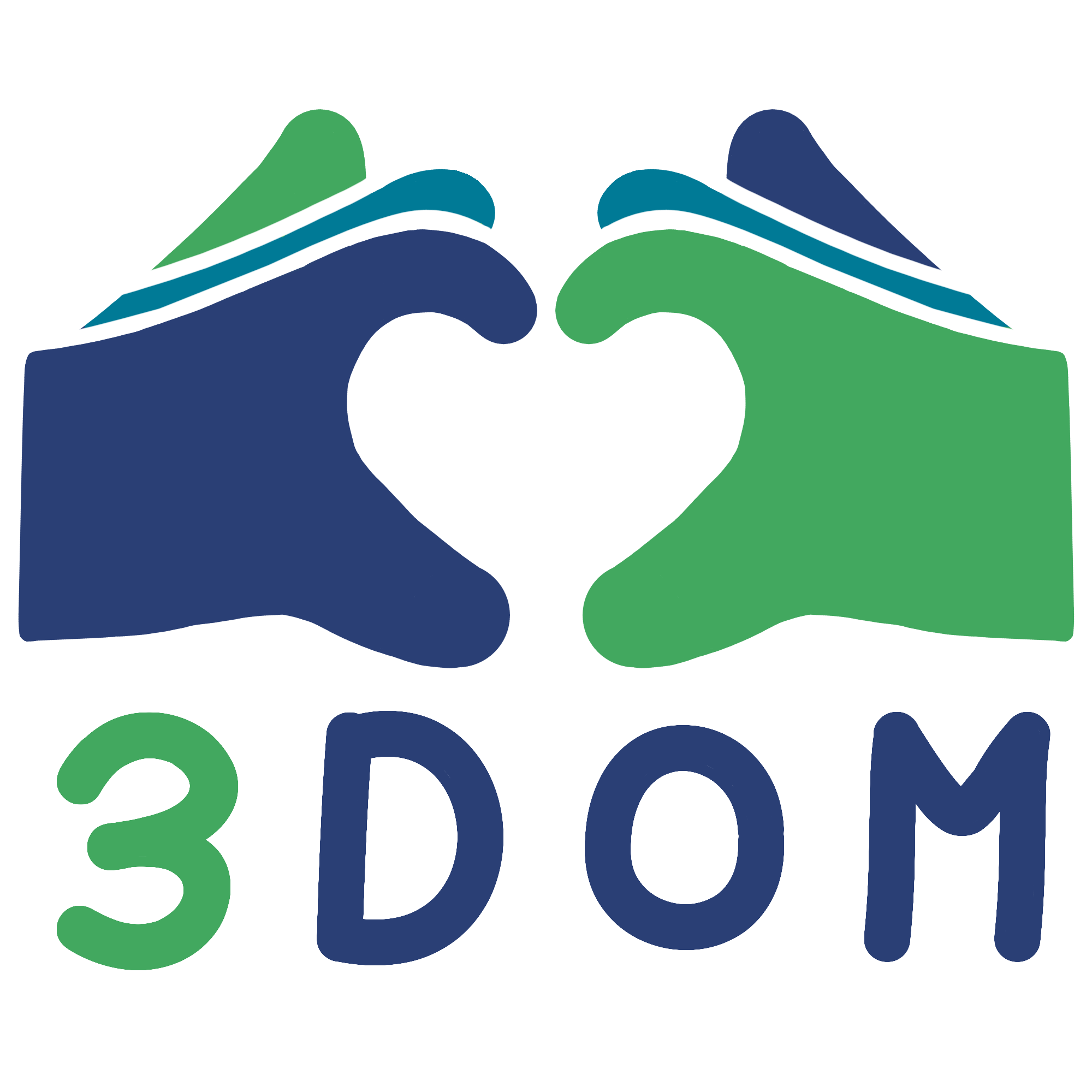 The 3DOM logo. Two cartoon hands making a heart symbol. The letters 3, D, O, and M underneath.